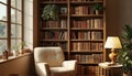 Cozy Reading Corner with Bookshelves and Lamp Royalty Free Stock Photo